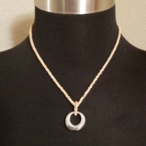 Silver Open Oval Wood Bead Necklace